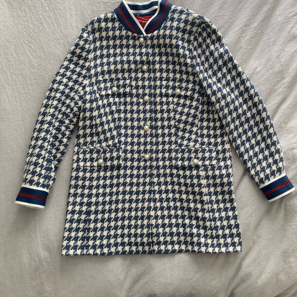 Marc Aurel Navy & Ivory Houndstooth Boucle Pearl Button Coat Size 46 (XL) - Picture 10 of 14